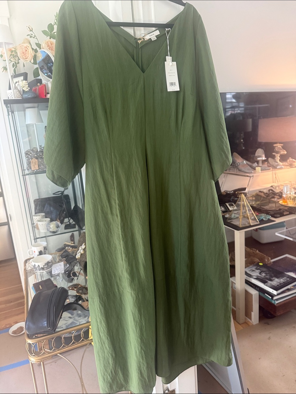 Vince Olive Green Midi V-Neck Dress